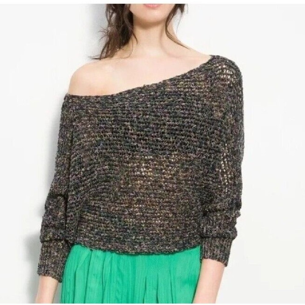 Free People Sz S Slouchy Open Knit Cropped Sweater Dolman Sleeve Linen Blend